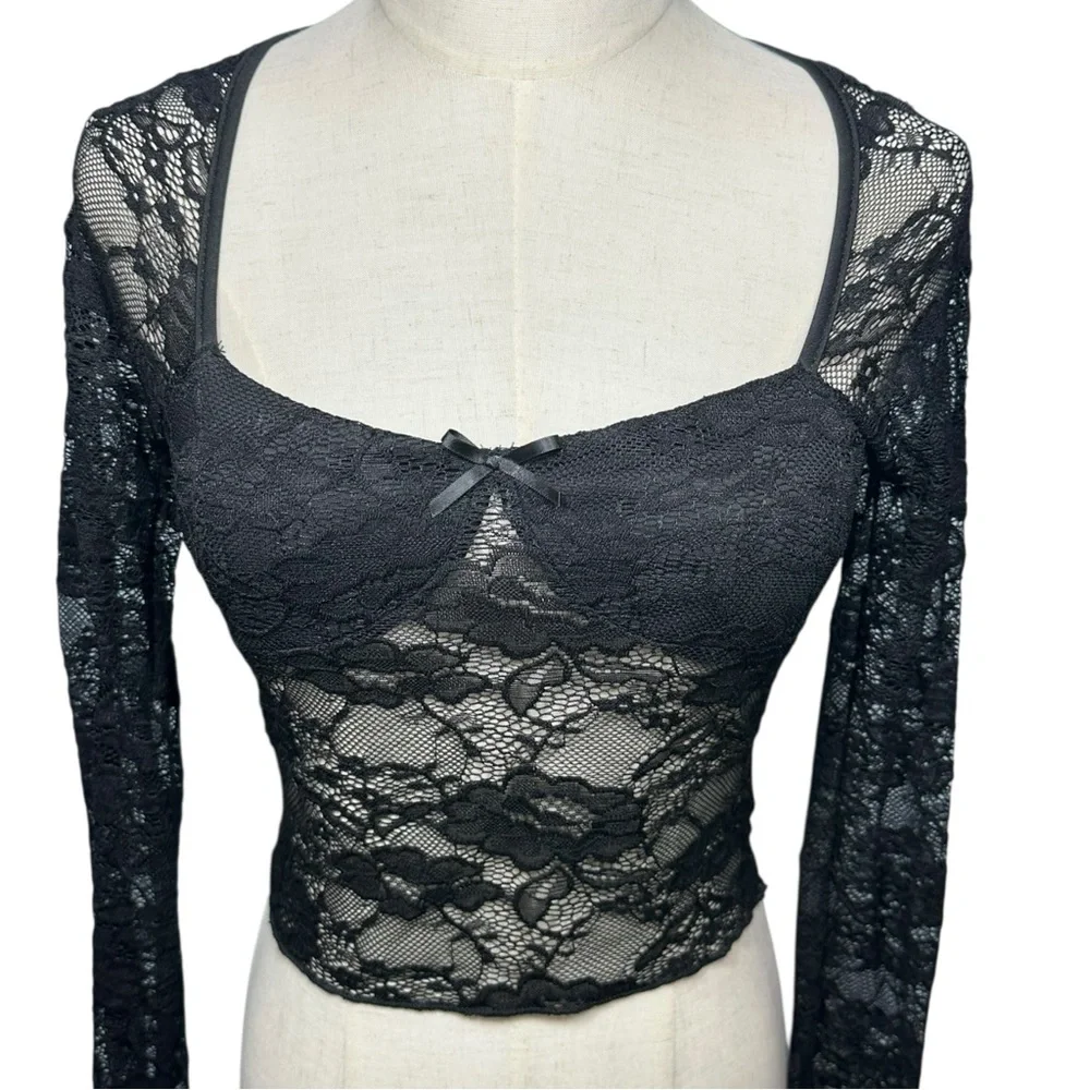 Unbranded Y2K Babydoll Black Lace Sheer Top Dark‎ Coquette Grunge